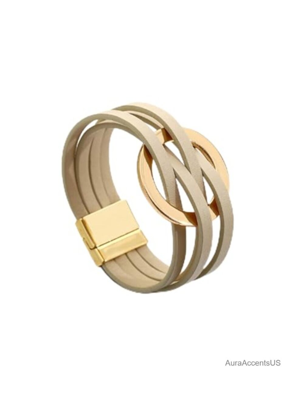 Boho Womens Leather Wrap Bracelet with Gold Circle Charm | Multilayer Stackable
